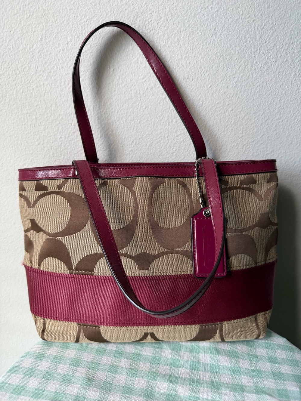 Coach Signature Stripe Small Shoulder Tote with Burgundy Leather Trim